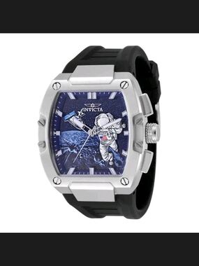 Invicta Men’s Silver Case Black Strap Blue Astronaut Dial Watch